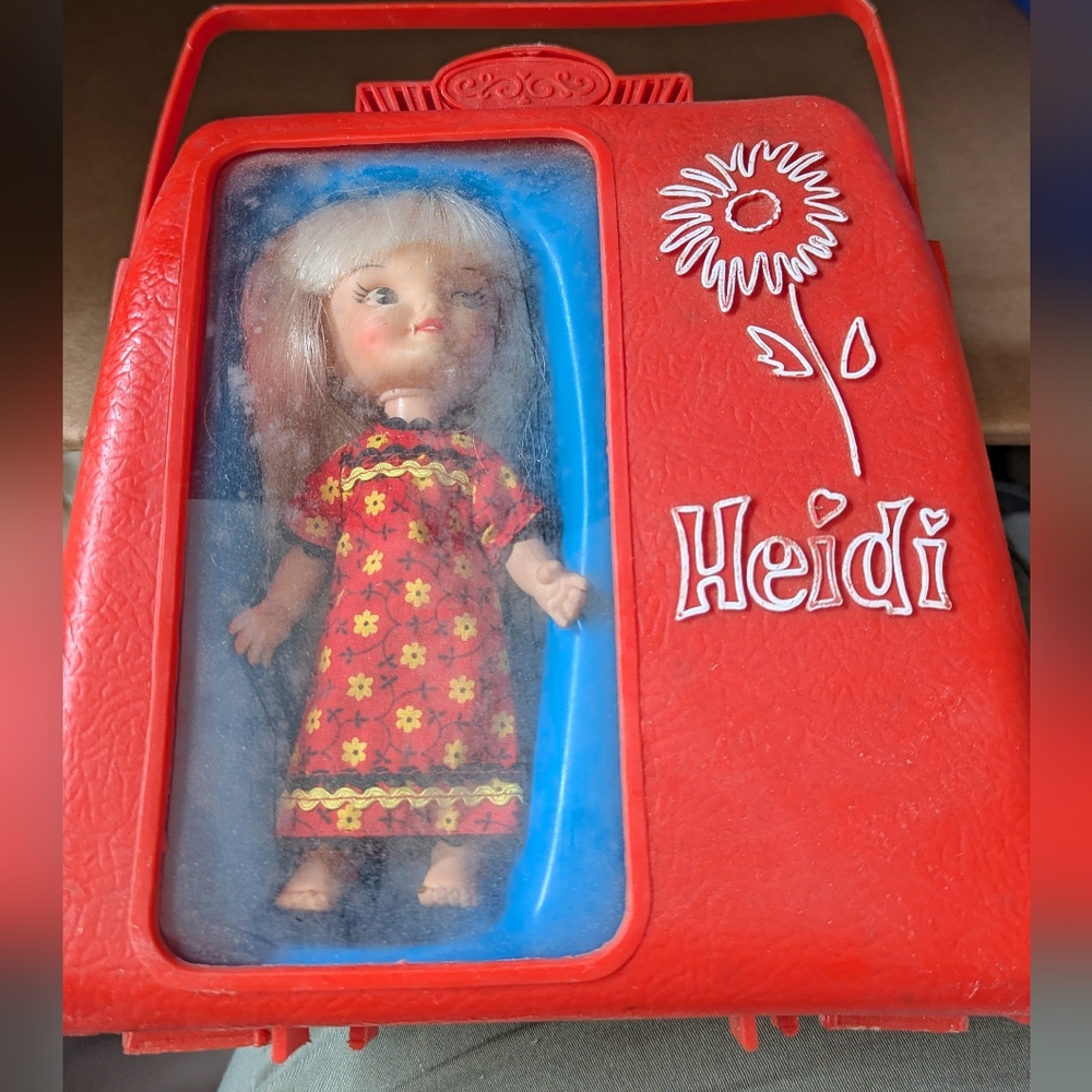 1960s Heidi Pocketbook Doll, Clothes And Red Case, Ronco, Case Hinge Flaw